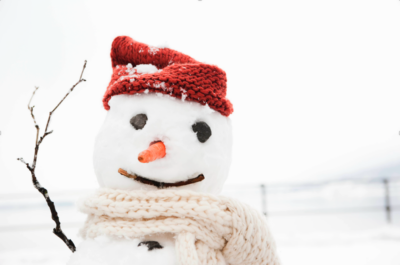 Snowman with a red knit hat and cream colored cable knit scarf